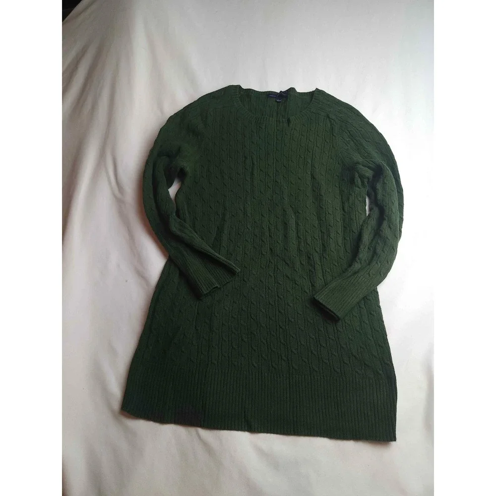 Gap Womens Green Cable Knit Crew Neck Longline Sweater Size Large Forest Green